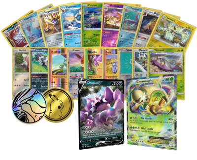 GLIMMENDE Pokémon kaarten bundel: 18 Glimmende kaarten + 2 'Ultra Rare' GX of V kaarten + 2 Collectible Coins