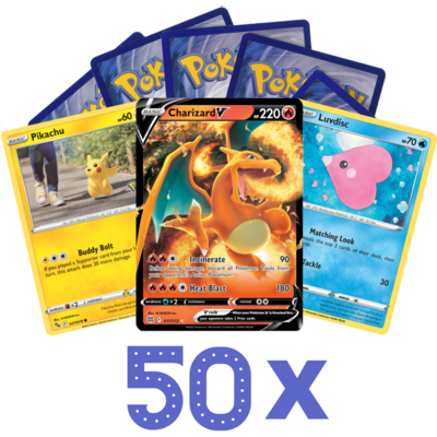 50x willekeurige Pokémon kaarten inclusief 1 V / GX of VMAX kaart