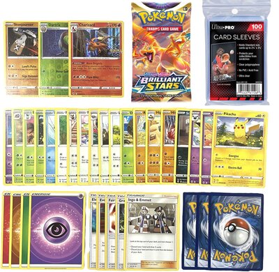 50x Pokémon kaarten inclusief 1 Pokémon booster, 1 holo, 2 glimmende kaarten en 100 Ultra Pro Card Sleeves