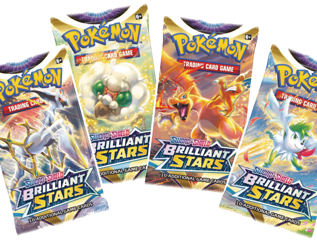 Pokémon Actie: 4 x  Brilliant Stars booster pack + GRATIS Pikachu Sokken